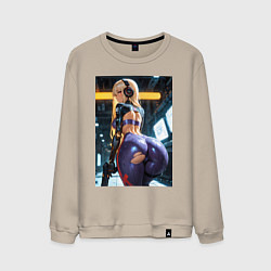Свитшот хлопковый мужской Девушка с оружием в киберпанк стиле, цвет: миндальный