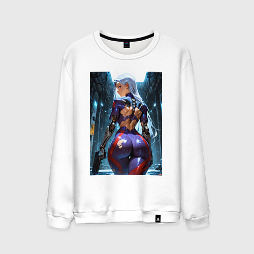 Мужской свитшот Девушка с оружием в киберпанк стиле / Белый – фото 1