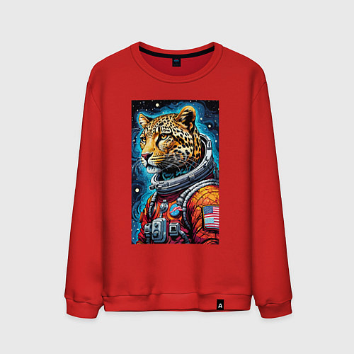 Мужской свитшот Леопард бравый космонавт - нейроарт / Красный – фото 1