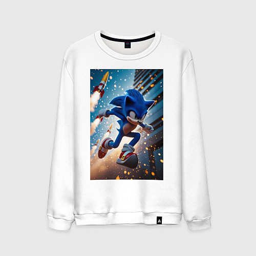 Мужской свитшот Соник убегает от летящих ракет / Белый – фото 1