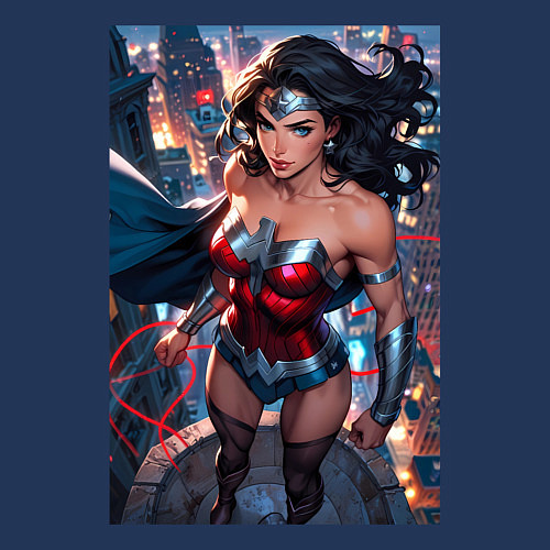 Мужской свитшот Чудо-женщина с городским фоном в стиле комиксов / Тёмно-синий – фото 3