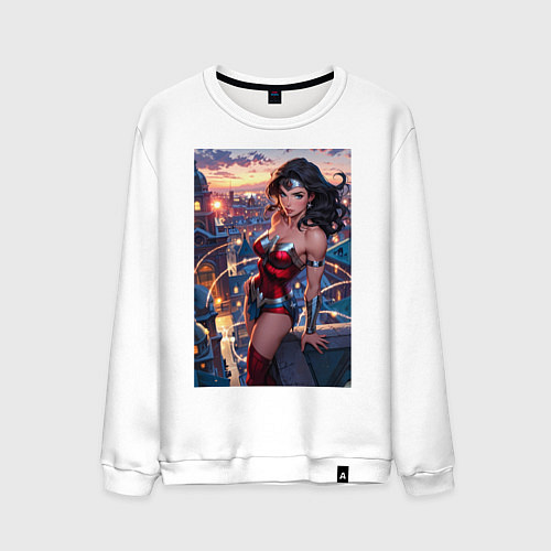 Мужской свитшот Чудо-женщина с городским фоном в стиле комиксов / Белый – фото 1