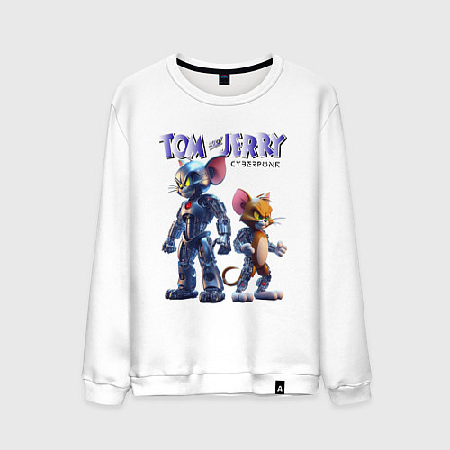 Мужской свитшот Cyborg Tom and Jerry - ai art fantasy / Белый – фото 1