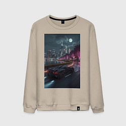Свитшот хлопковый мужской Черный суперкар едет к мегаполису, цвет: миндальный