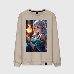 Свитшот хлопковый мужской Прекрасная эльфийка-маг с шаром огня, цвет: миндальный