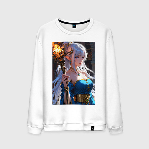 Мужской свитшот Прекрасная эльфийка-маг с шаром огня / Белый – фото 1