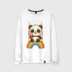 Свитшот хлопковый мужской Панда с мороженым на радуге, цвет: белый