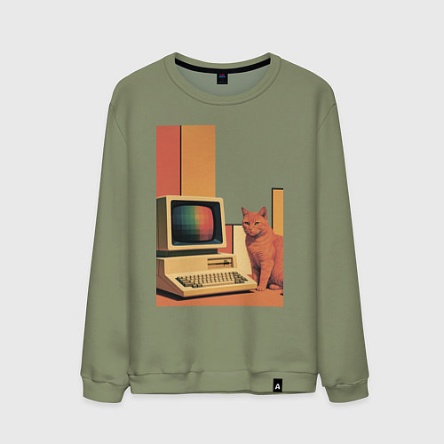 Мужской свитшот Рыжий кот сидит у старого компьютера ретро поп-арт / Авокадо – фото 1