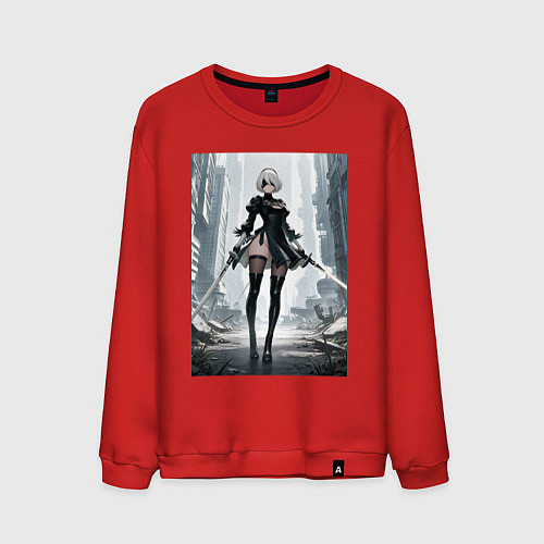 Мужской свитшот Девушка-андроид с катанами посреди руин / Красный – фото 1