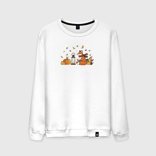 Мужской свитшот Лиса с тыквами и фонарём / Белый – фото 1