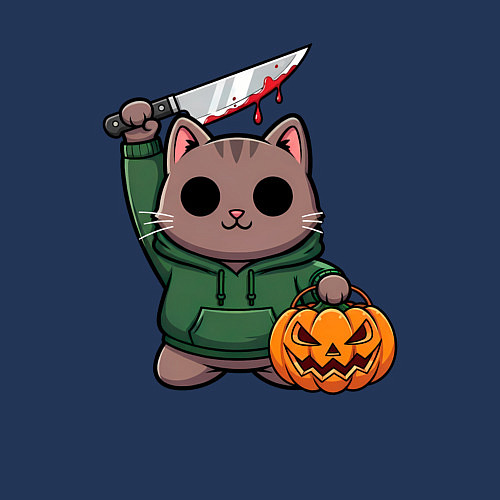 Мужской свитшот Котик с ножом и тыквой / Тёмно-синий – фото 3