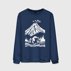 Свитшот хлопковый мужской Камчатский пейзаж с вулканом и волнами, цвет: тёмно-синий