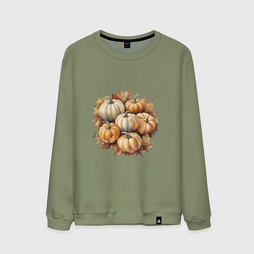 Мужской свитшот Тыквы разные на осенних листьях акварель / Авокадо – фото 1