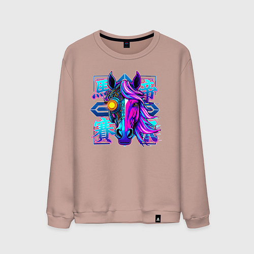 Мужской свитшот Киберпанк лошадь с неоновыми иероглифами / Пыльно-розовый – фото 1