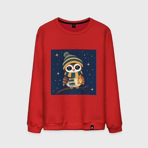 Мужской свитшот Сова в шапке и шарфе с фонарём / Красный – фото 1