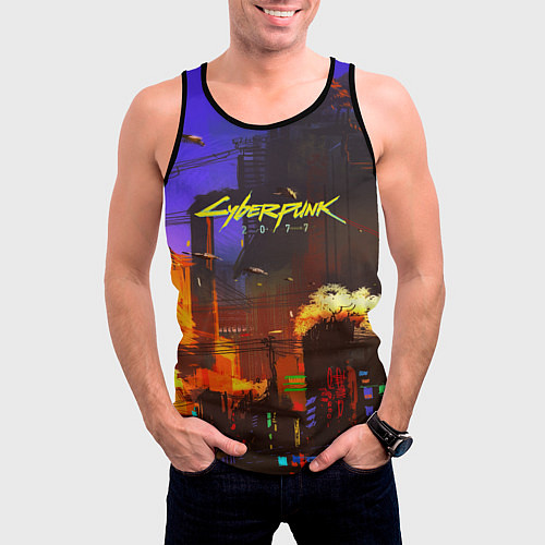Мужская майка без рукавов Cyberpunk 2077: Night City / 3D-Черный – фото 3