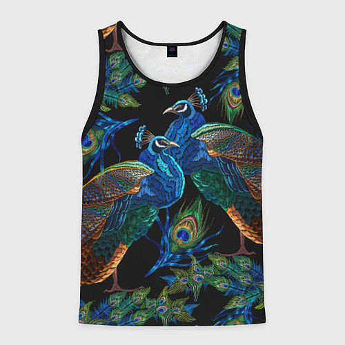 Мужская майка без рукавов Павлины - вышивка гладью / 3D-Черный – фото 1