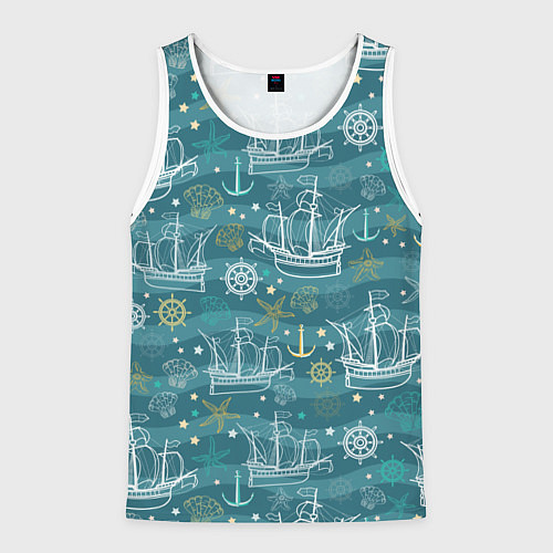 Мужская майка без рукавов Парусники в море - паттерн / 3D-Белый – фото 1