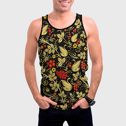 Мужская майка без рукавов Хохлома золотые лебеди / 3D-Черный – фото 3