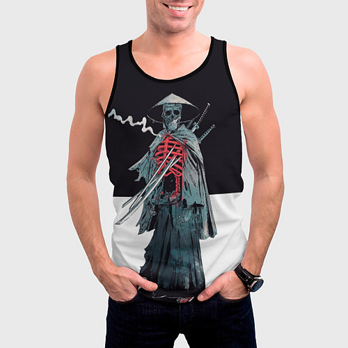 Мужская майка без рукавов Скелет Самурай с трубкой на черно белом фоне / 3D-Черный – фото 3
