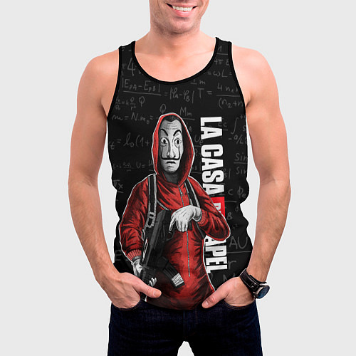 Мужская майка без рукавов БУМАЖНЫЙ ДОМ, СОЛДАТ С ОРУЖИЕМ ФОРМУЛЫ / 3D-Черный – фото 3