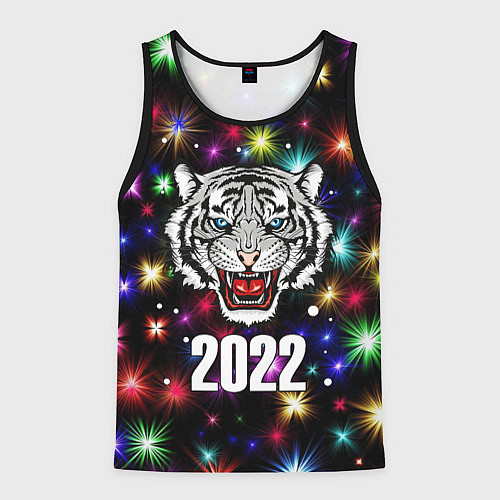 Мужская майка без рукавов БЕЛЫЙ ТИГР 2022 И НОВОГОДНИЕ ОГНИ / 3D-Черный – фото 1