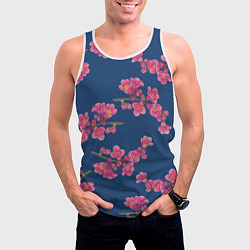 Майка-безрукавка мужская Веточки айвы с розовыми цветами на синем фоне, цвет: 3D-белый — фото 2