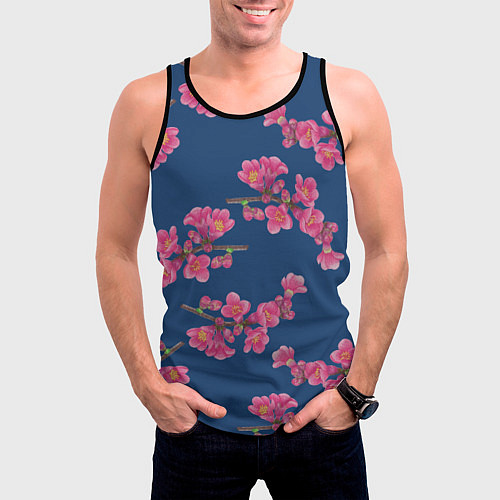 Мужская майка без рукавов Веточки айвы с розовыми цветами на синем фоне / 3D-Черный – фото 3