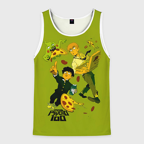 Мужская майка без рукавов Шигео, Ямочки и Рэйгэн налет на пиццу - Mob Psycho / 3D-Белый – фото 1