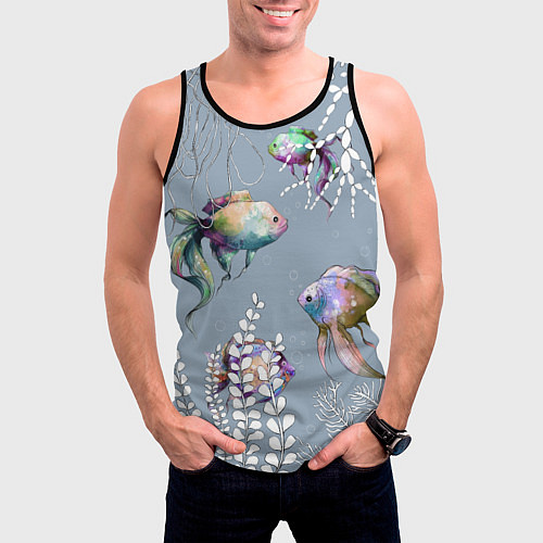 Мужская майка без рукавов Разноцветные акварельные рыбки и белые водоросли / 3D-Черный – фото 3
