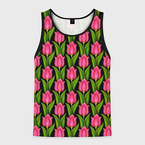 Мужская майка без рукавов Красные тюльпаны на черном фоне / 3D-Черный – фото 1
