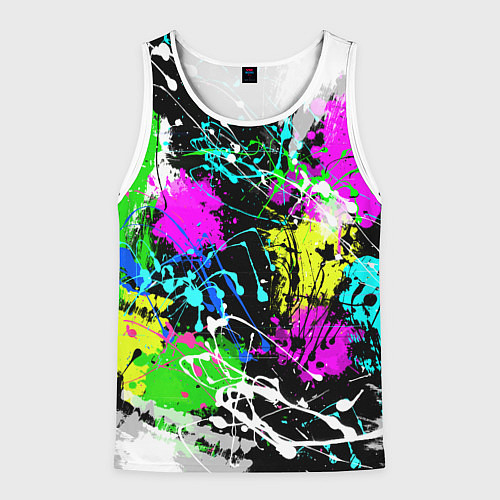 Мужская майка без рукавов Разноцветные пятна краски на черном фоне / 3D-Белый – фото 1