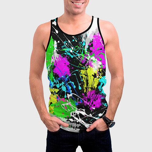 Мужская майка без рукавов Разноцветные пятна краски на черном фоне / 3D-Черный – фото 3