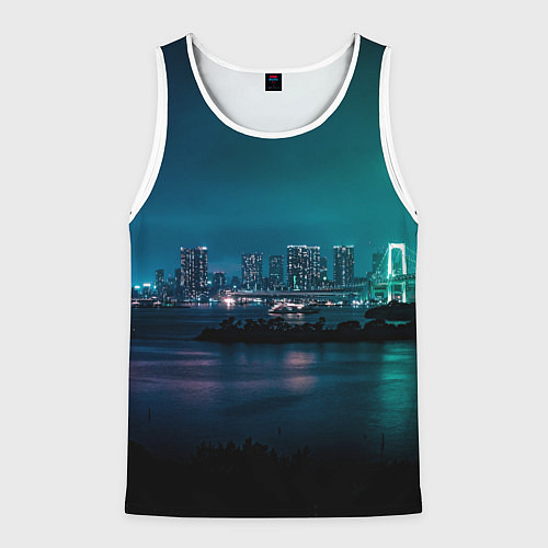 Мужская майка без рукавов Неоновый город с рекой - Светло-зелёный / 3D-Белый – фото 1