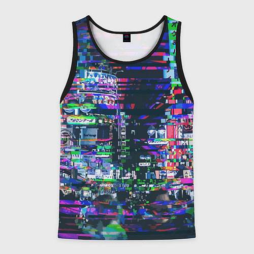 Мужская майка без рукавов Ночной город - glitch / 3D-Черный – фото 1