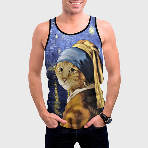 Мужская майка без рукавов Прикол с котом: пародия картина / 3D-Черный – фото 3