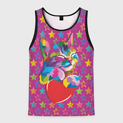 Майка-безрукавка мужская Сердечный котик в поп-арте, цвет: 3D-черный