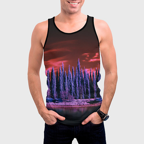 Мужская майка без рукавов Абстрактный фиолетовый лес и тёмная река / 3D-Черный – фото 3