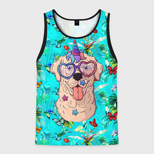 Мужская майка без рукавов Собачка - единорог на фоне цветов / 3D-Черный – фото 1