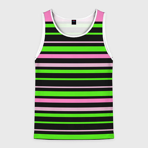 Мужская майка без рукавов Полосаты узор в зелено-розовых оттенках на черном / 3D-Белый – фото 1