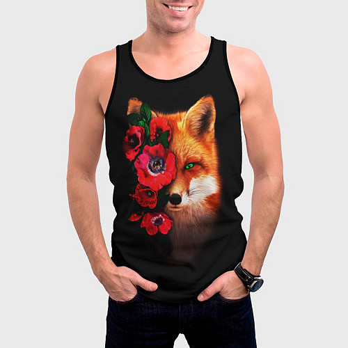Мужская майка без рукавов Лиса и цветы / 3D-Черный – фото 3