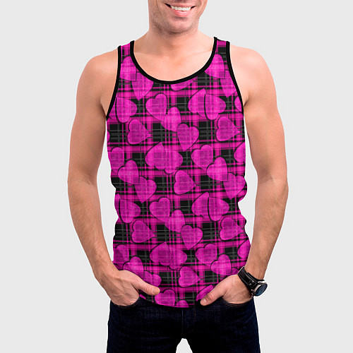 Мужская майка без рукавов Black and pink hearts pattern on checkered / 3D-Черный – фото 3