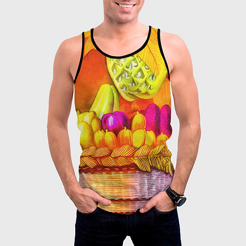 Мужская майка без рукавов Спелые фрукты и овощи в плетеной корзине / 3D-Черный – фото 3