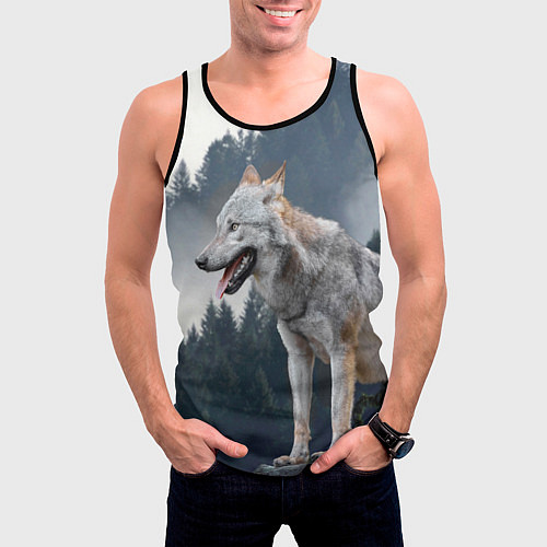 Мужская майка без рукавов Волк на фоне леса / 3D-Черный – фото 3