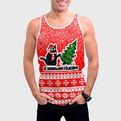 Майка-безрукавка мужская С новым годом - котик и ёлка, цвет: 3D-белый — фото 2