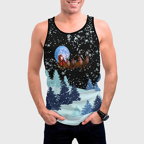 Мужская майка без рукавов Санта на оленях в ночном небе / 3D-Черный – фото 3