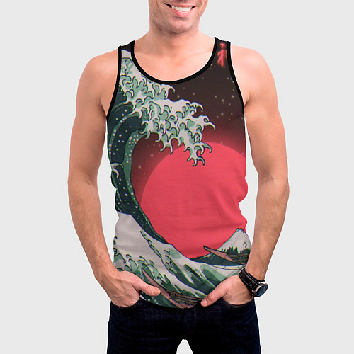 Мужская майка без рукавов Японская волна в красном цвете / 3D-Черный – фото 3
