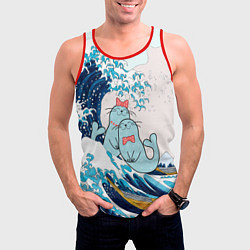 Майка-безрукавка мужская Влюбленные тюлени у большой волны Канагава, цвет: 3D-красный — фото 2