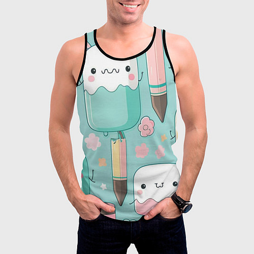 Мужская майка без рукавов Милые предметы с лицами / 3D-Черный – фото 3