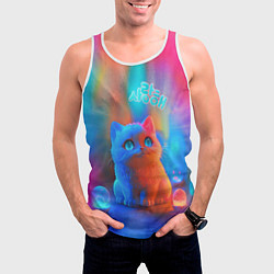 Майка-безрукавка мужская Милый котенок - тай-дай, цвет: 3D-белый — фото 2